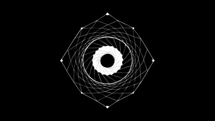 Geometric spiral design with white lines on black background abstract art