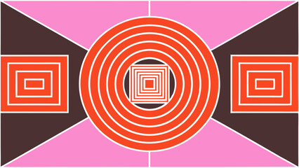 Geometric abstract design with concentric circles and squares in pink orange and brown
