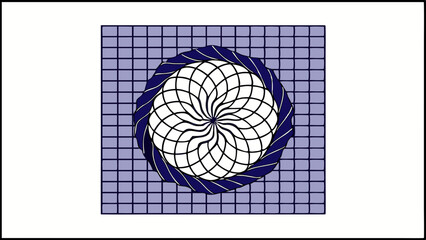 Intricate geometric flower design with blue woven border on grid background