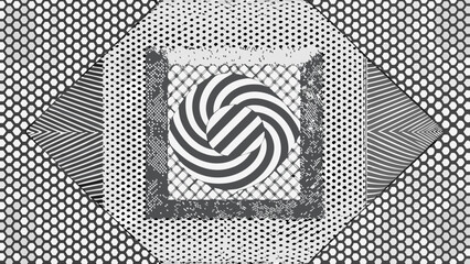 Abstract black and white geometric patterns with swirling circle and hexagons