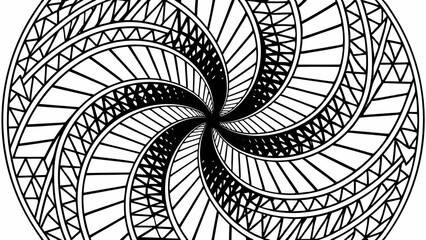 Intricate black and white spiral pattern with geometric tribal designs