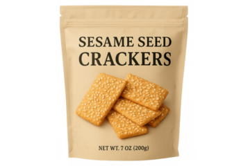 Sesame seed crackers in packaging mockup with transparent background