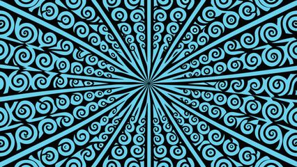 Abstract radial pattern with blue spirals and black background