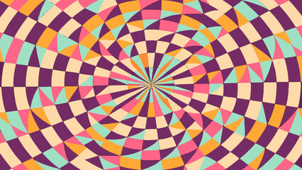 Vibrant geometric radial pattern with swirling squares and triangles