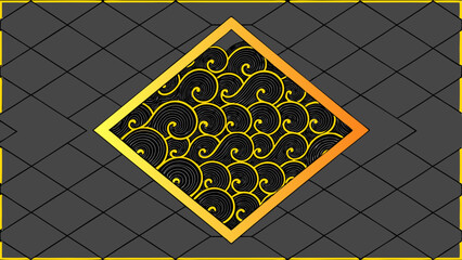 Abstract geometric design with swirling waves in a golden diamond frame