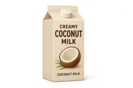 Creamy coconut milk carton packaging with transparent background