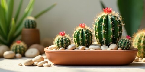 A terracotta planter showcasing diverse succulent plants, blooming with vibrant red flowers, nestled amongst smooth, light-colored stones, creating a miniature desert garden scene