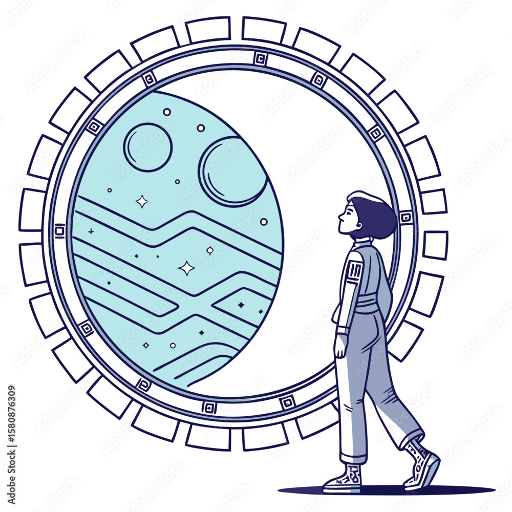 Fototapete neon light blue circle portal with electronics elements and wires are on a futuristic technology cir