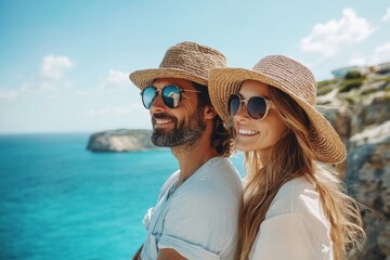 Happy couple enjoying ocean view on sunny day at cliff side