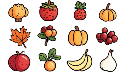 Cute, cartoon-style icons of autumnal fruits and vegetables