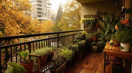 Cozy urban balcony garden in autumn with lush plants and vibrant foliage