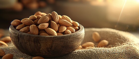 Raw almonds scattered on coarse burlap in a rustic wooden bowl