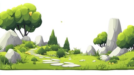 Naklejka premium A vibrant cartoon illustration captures a serene summer landscape with green hills, a bright sun, and a lone tree against a clear blue sky