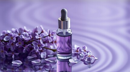 A purple bottle with a dropper next to purple flowers on a purple background with water ripple effect