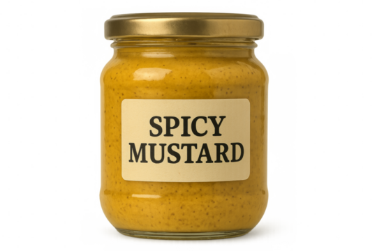 Glass jar filled with spicy mustard on transparent background