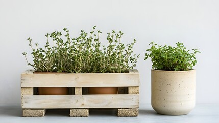 Two thyme plants sit in pots, one in a wooden crate, on a light gray surface against a white backdrop.