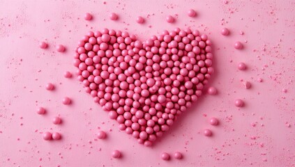 Heart-shaped arrangement of small, pink, round candies on a pink background