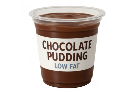 Low fat chocolate pudding in a plastic cup with transparent background
