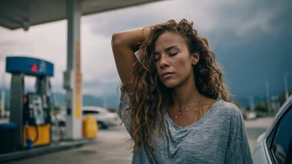 A woman with a frustrated expression fills her car with fuel at a gas station under cloudy skies symbolizing uncertainty and anxiety about rising fuel prices. Nearby a digital sign - Powered by Adobe