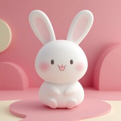 Obraz premium Cute cartoon Easter bunny with a pink ribbon, isolated for a fun holiday illustration