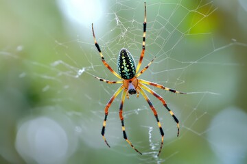 Colorful spider hanging in web with greenery