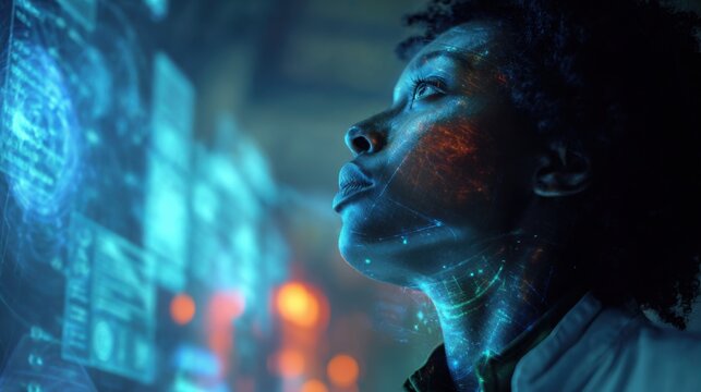 Futuristic Technology Scientist Researches Digital Data Network AI Computing