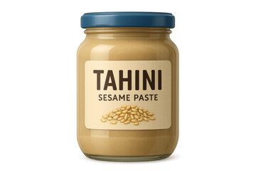 Tahini sesame paste in glass jar with blue lid on transparent background