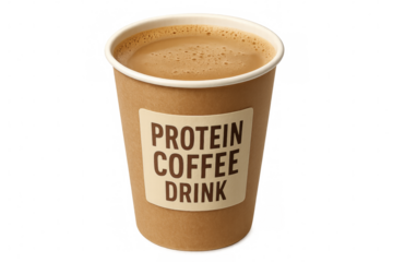 Protein coffee drink in disposable cardboard cup with transparent background