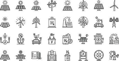 Renewable energy and low emission sustainable power system line icon set including solar, wind, hydrogen and EV charging. Clean energy generation and grid infrastructure vector