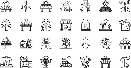Renewable energy and low emission sustainable power system line icon set including solar, wind, hydrogen and EV charging. Clean energy generation and grid infrastructure vector