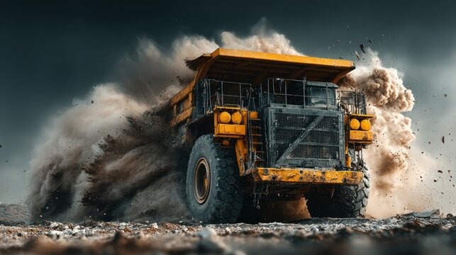 Massive dump truck kicking up dust - Powered by Adobe