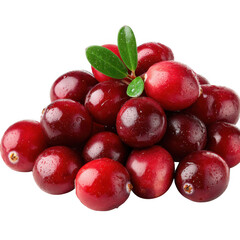A pile of fresh wet cranberries with green leaves isolated on transparent background