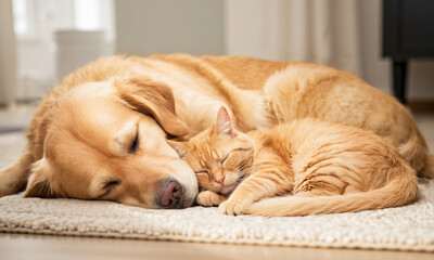 Golden retriever and orange tabby cat cuddling on a cozy rug both peacefully sleeping  Generative AI