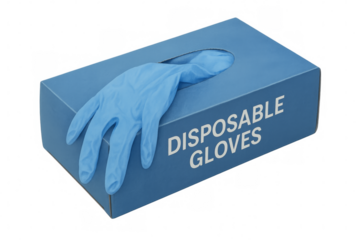 Blue disposable gloves coming out of a dispenser box on transparent background