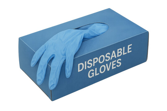 Blue disposable gloves coming out of a dispenser box on transparent background