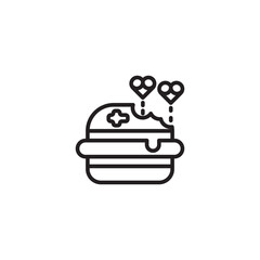 A line art icon shows a partially eaten hamburger with a plus sign on top and two heart symbols floating above it, possibly indicating a 