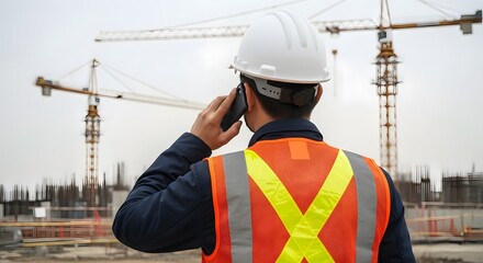 Construction worker talking on phone at a building site, crane visible in background.
