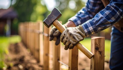 A gardener using a hammer to secure wooden fence posts in a sunny backyard garden setting