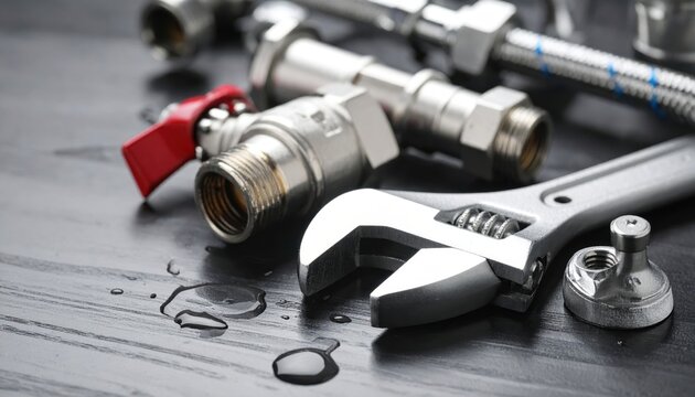 Close-up of plumbing tools and fittings on a wet surface, highlighting maintenance preparation