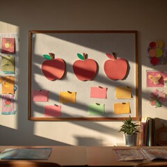 Bulletin board in classroom decorated with back to school crafts, paper apples, name tags, and colorful paper cutouts, realistic lighting, clean composition 