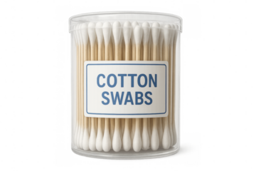 Cotton swabs in transparent plastic container with label on transparent background