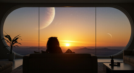 Silhouette of a woman on a sofa in the interior of a room on planet. Woman Contemplating a Stunning Alien Sunset.