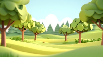 Fototapeta premium Vector cartoon landscape of a summer field with trees, green grass, and a blue sky with clouds