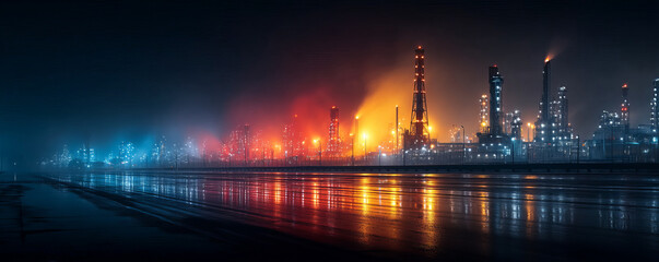 Industrial refinery at night with bright lights and colorful reflections on wet surface creating dramatic atmosphere