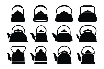 A collection of twelve black silhouette icons depicting various styles of kettles and teapots on a white background