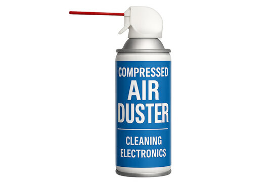 Compressed air duster cleaning electronics on transparent background