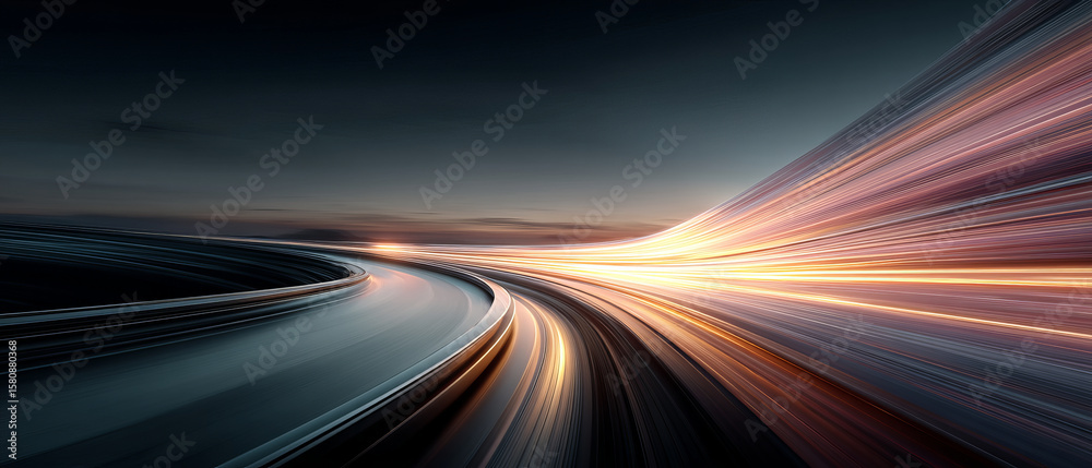 Poster curved highway at dusk with dynamic light trails creating sense of speed and adventurous motion