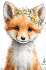 Obraz premium A charming fox with a delicate floral crown made of vibrant flowers and greenery showcases its adorable features, radiating a whimsical vibe.