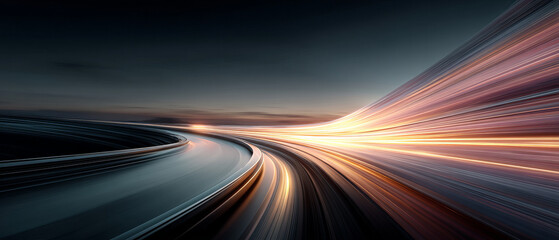 Curved highway at dusk with dynamic light trails creating sense of speed and adventurous motion