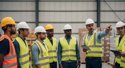 Diverse team of construction workers in safety gear during warehouse inspection, ensuring safety and productivity.